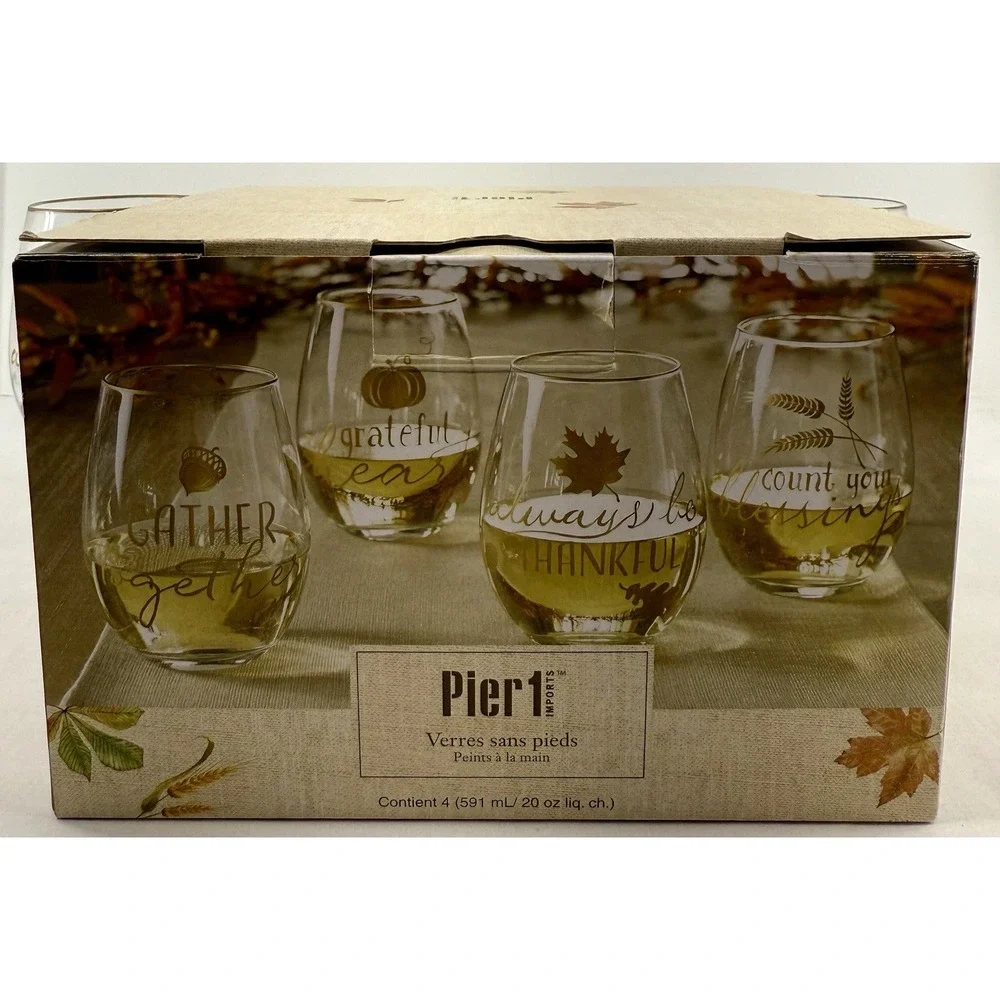 Pier 1 Imports Fall Stemless Wine Glasses Set of 4 Thanksgiving Hand Painted NIB